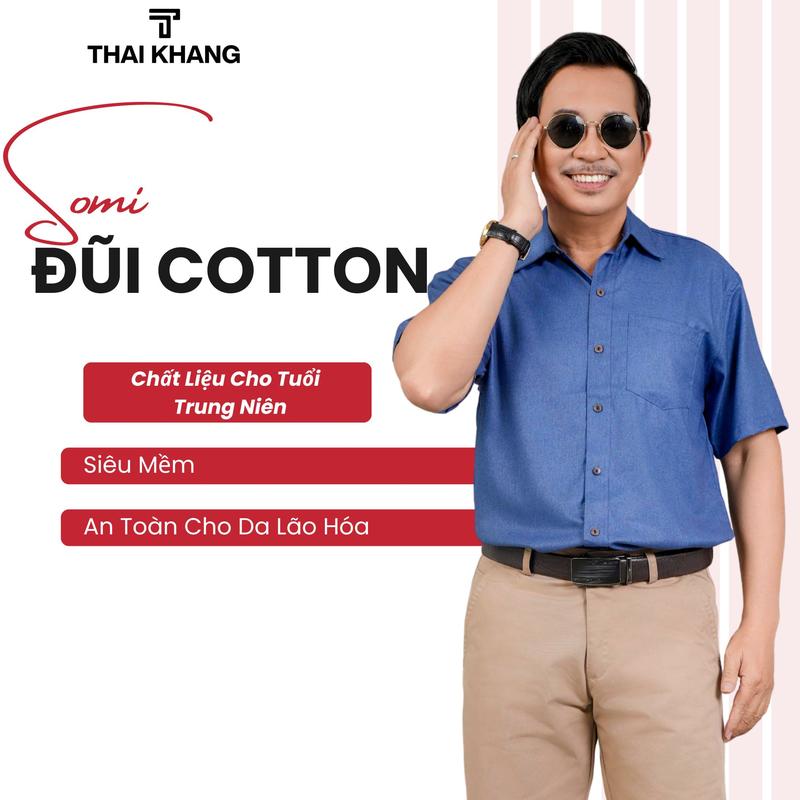  Áo sơ mi nam trung niên form rộng THÁI KHANG loại áo sơ mi ngắn tay vải đũi mềm mịn siêu mát không nhăn ATK29 Menswear Cổ Tròn 