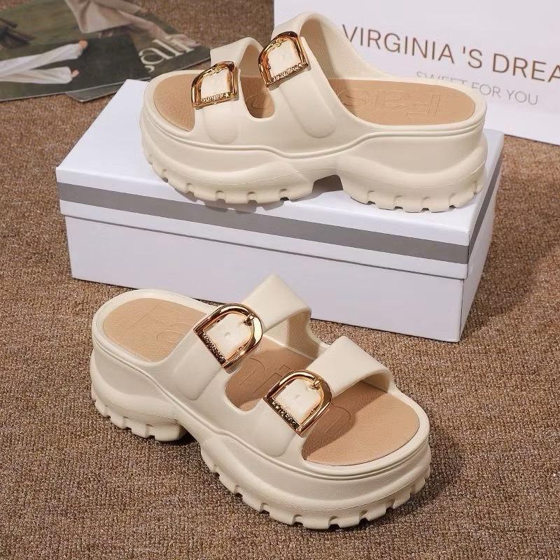 Dép nữ hai quai khuy vàng đế cao 6.5cm chất liệu Eva êm nhẹ phong cách sang trọng tiểu thư bản mới 2025