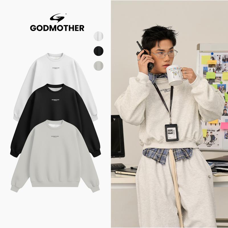 Áo Sweater Cổ Tròn GODMOTHER 2025 Form BOXY Chất Nỉ Lông Cáo Dài Tay Chữ Thêu