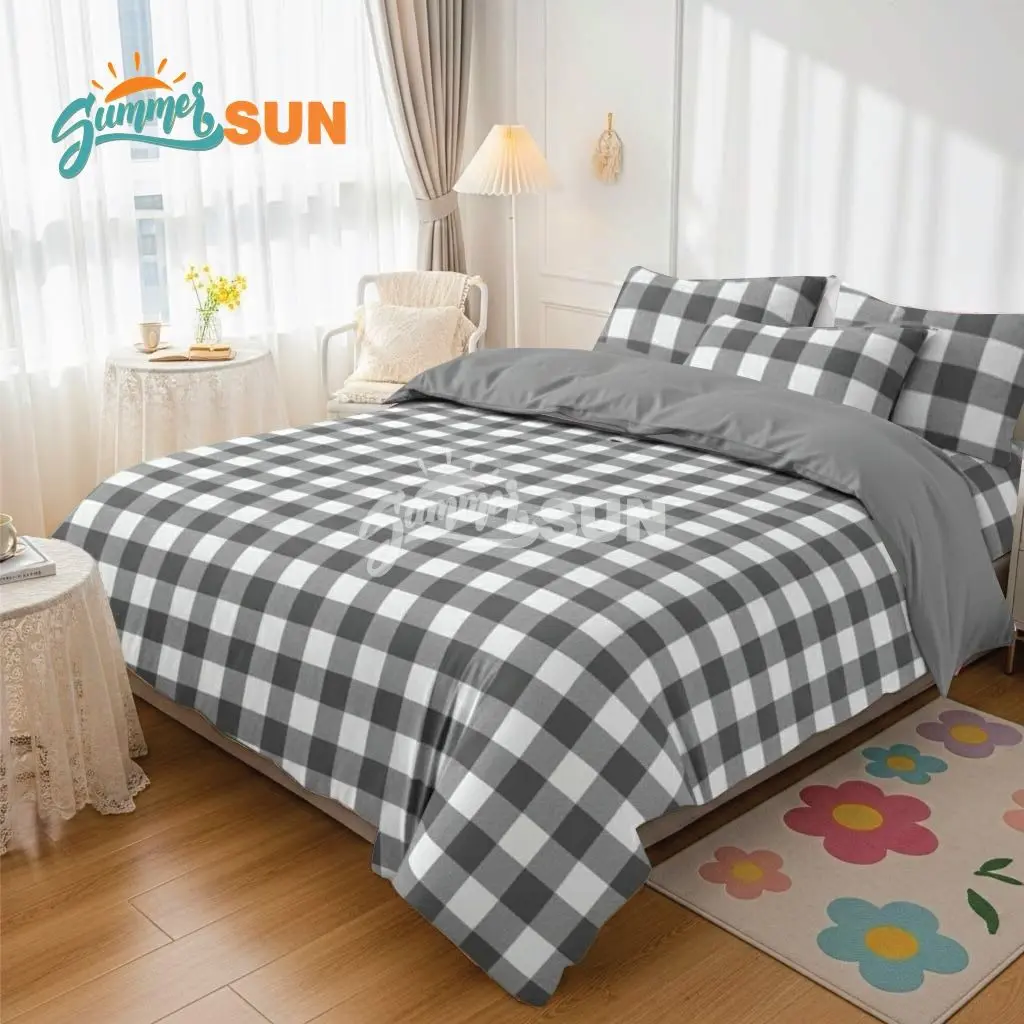 Promo Full Set Bed Cover Set Gingham Gray Mix Silver - Summersun