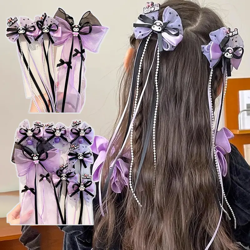 Kẹp Tóc Kuromi Ruy Băng Ngọc Trai Ren Nơ Lưới Kẹp Tóc Dễ Thương Phụ Kiện Tóc Cho Bé Gái Phụ Kiện Đội Đầu Hoạt Hình Màu Tím Đen