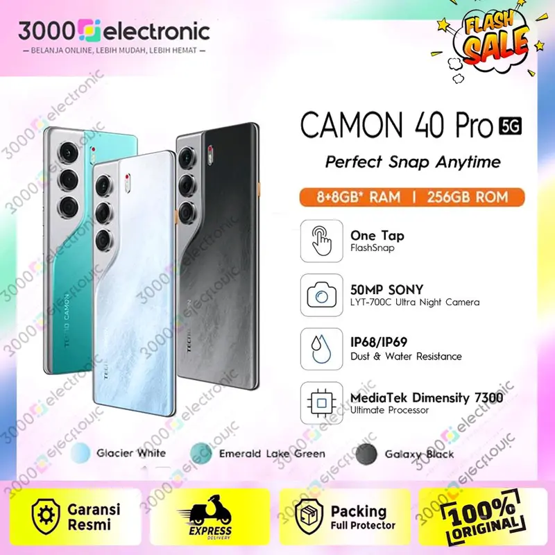 TECNO CAMON 40 Pro 5G - RAM 8+8GB*/256GB, Mediatek D7300 Ultimate, 6.78” FHD+144HZ 3D Curved Amoled, 5200mAh - Garansi Resmi 0