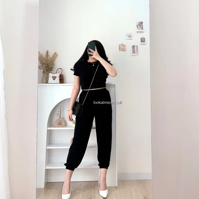 Lookatmeofficial • Zoey Set - Setelan Wanita Premium celana jogger  crop  top Atasan Baju Karet Pendek 6