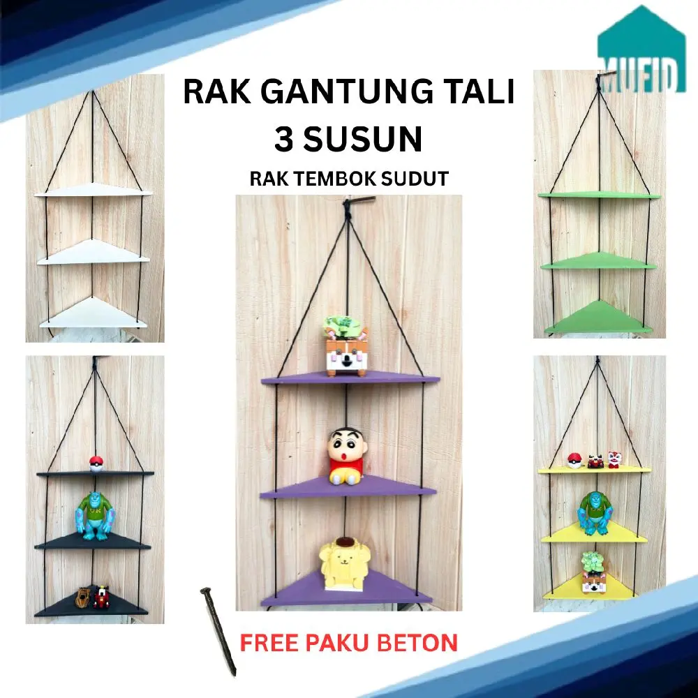 Furniture Rak Dinding Sudut Kayu Natural 3 Tingkat 20x20 cm dengan Paku Gratis untuk Dekorasi Ruangan Alami dan Elegan