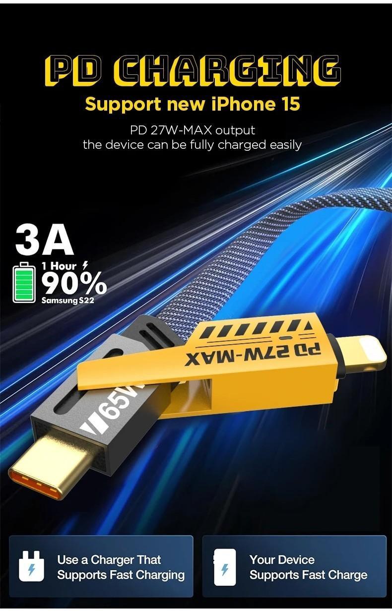 Kabel Charger 4-in-1 Gaya Mekanis Premium, Desain Futuristik Anti Putus, Fast Charging Serbaguna untuk HP & Tablet