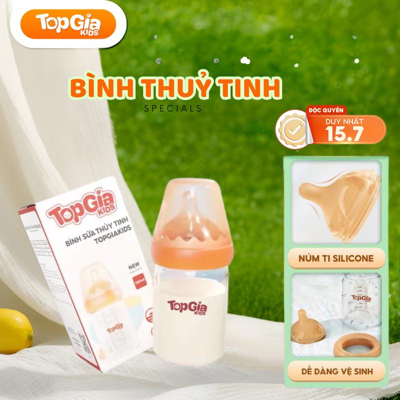 (BEST SELLER ) Bình sữa thuỷ tinh Topgiakids dung tích 180ml, núm ti silicon siêu mềm, chống đầy hơi cho bé, thân bình thủy tinh, an toàn không BPA, dễ vệ sinh, bình sữa cho bé (TDN)