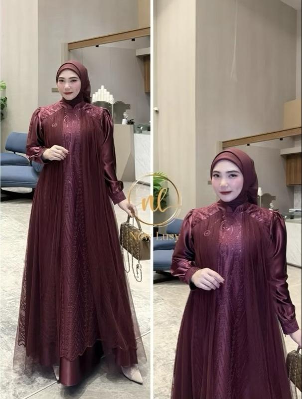 LEYA Dress Gamis Terbaru velvet Mix Brukat Tille Gamis Pesta Kondangan Elegant Gamis Muslimah Lebaran Terbaru 2026 Formal Mewah Satin Zipper Kancing Casual Wanita Dewasa