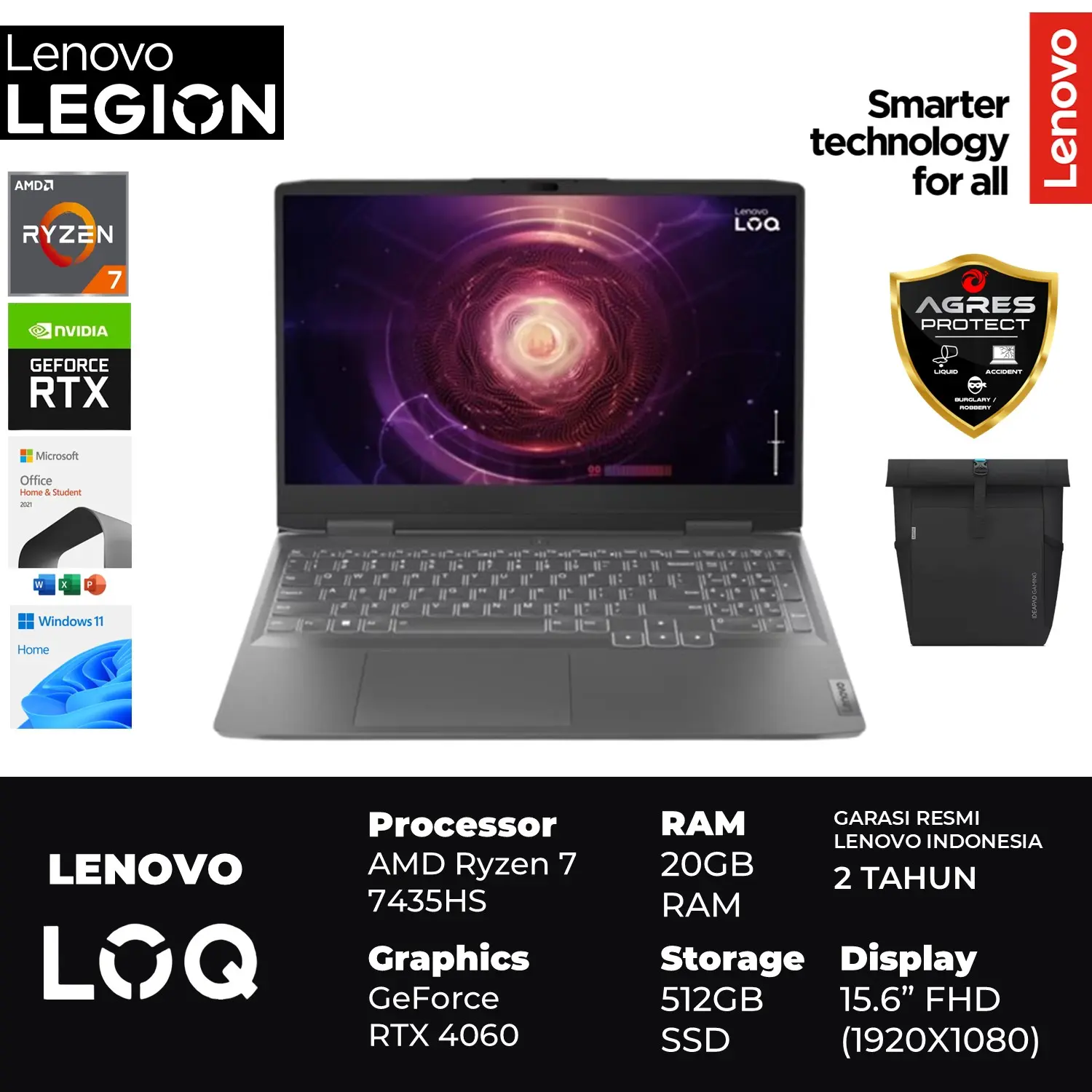 Laptop LENOVO LOQ 15 RYZEN 7 7435HS RTX4060 8GB/ 20GB 512GB Ssd W11+OHS 15.6FHD 144HZ 100SRGB BLIT