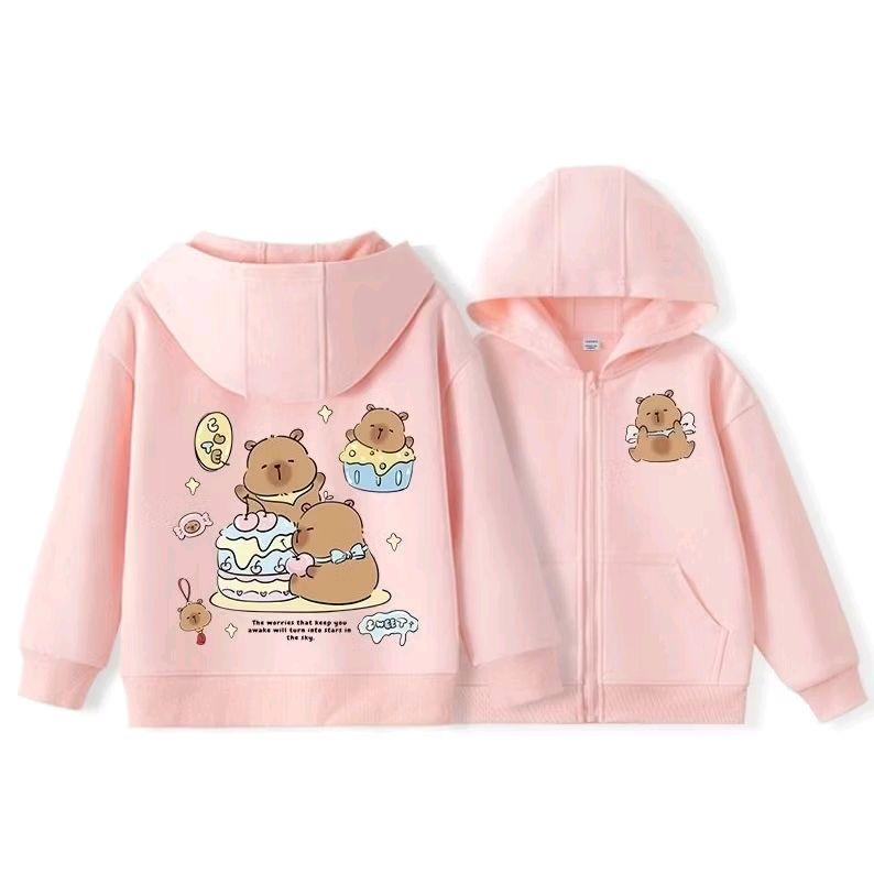Áo khoác Hoodie Capybara cho bé có khóa kéo và túi chất nỉ Hàn ép hình mã 1 Voi - Kem - Cotton