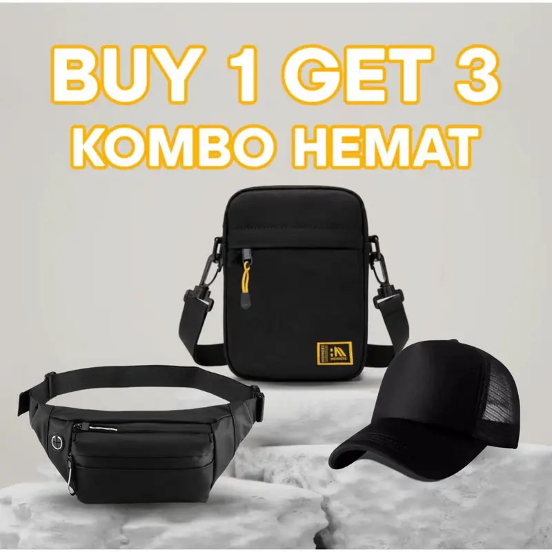 Paket Super Hemat Selempang HIGHMORE Slingbag BUY 1 GET 3 Selempang Waistbag Dompet - Bundling HM Pria Cowok 3