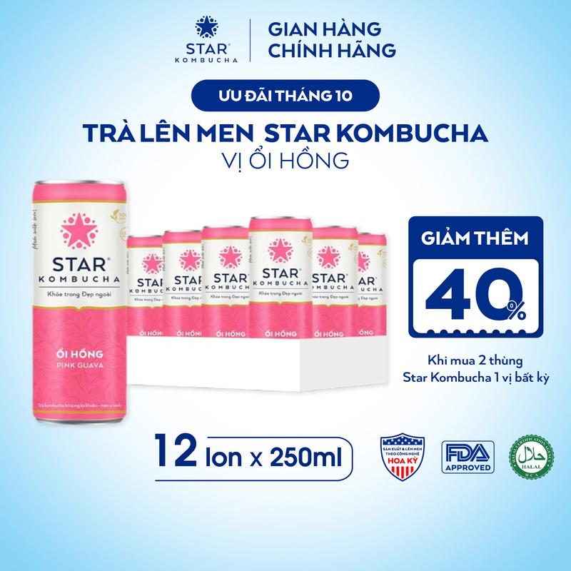 Thùng 12 lon trà STAR KOMBUCHA Ổi Hồng / Pink Guava (250ml/lon) - Trà lên men vi sinh tự nhiên