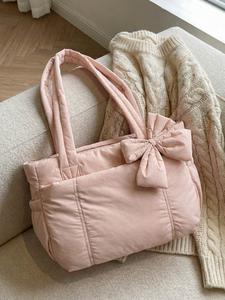 Bolso tote rosa acolchado con lazo, una bolsa de hombro suave, casual, ligera y espaciosa, adecuada para el trabajo, las compras, salidas recreativas y como accesorio diario