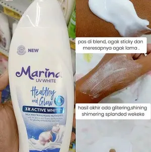 Marina Handbody Lotion UV White Healthy and Glow 3X Active White dengan Protein Susu & Nutrisi Mutiara untuk Kulit Cerah dan Bercahaya