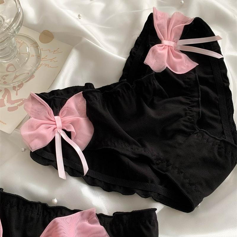 Quần Lót Ren Cotton, Phong Cách Gợi Cảm, Dành Cho Nữ, Màu Đen, Cạp Thấp, Nơ Màu Hồng Ngọt Ngào Thiết Kế Dễ Thương Khoét Lỗ, Thoáng Khí Và Thoải Mái, Thích Hợp Cho Bé Gái, Đồ Lót 4