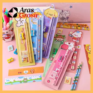 ARAS GROSIR - 5in1 Set Alat Tulis Anak Karakter Lucu dengan Pensil Penggaris dan Penghapus untuk Sekolah dan Kreativitas