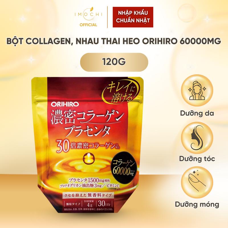 Bột Collagen Nhau Thai Heo Orihiro 60000mg Nhật Bản Cho Da Lão Hóa Xỉn Màu Sạm Nám Tàn Nhang Khô Ráp 120g