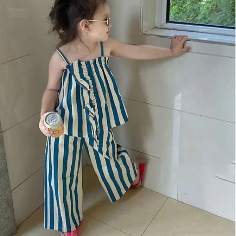 BeeChic.Kids Setelan Striped Two-Piece Baju Anak Cewe Cropped Pants Fashion Trendy Import - Setelan Belang Anak Perempuan Import 4