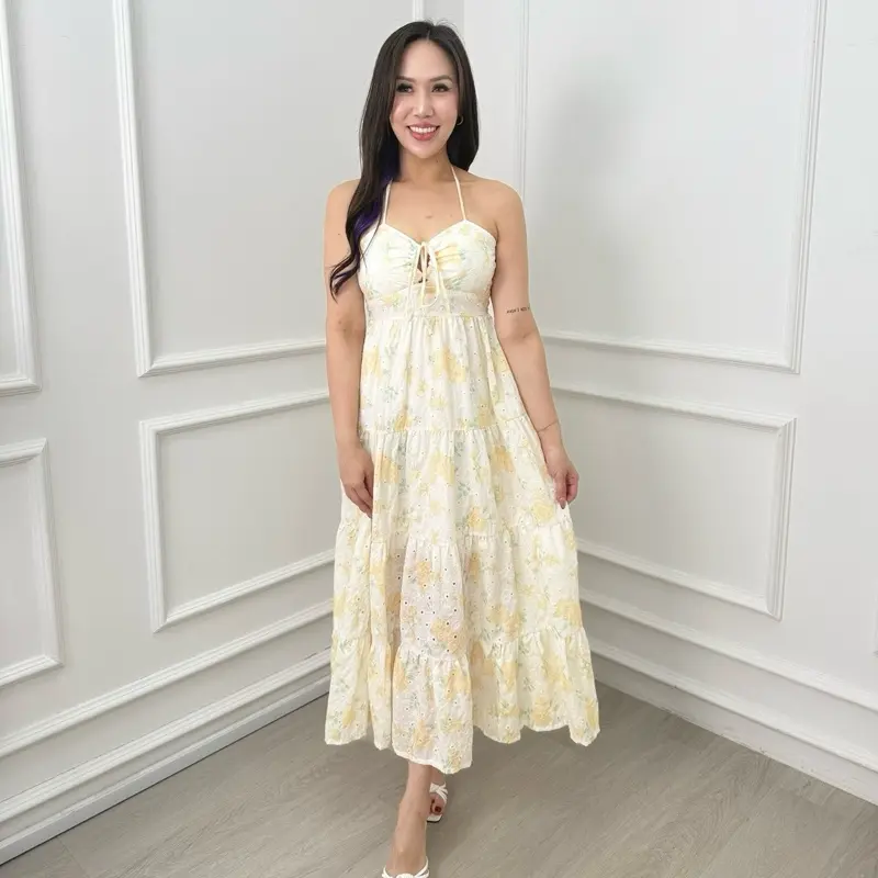 MULTI WAYS TIE STRING PADDED FLORAL EMBROIDERY EYELET DRESS