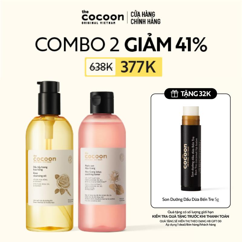 COMBO 1 Bigsize Dầu tẩy trang Hoa Hồng Cocoon 310ml+ 1 Bigsize Nước Sen Hậu Giang 310ml