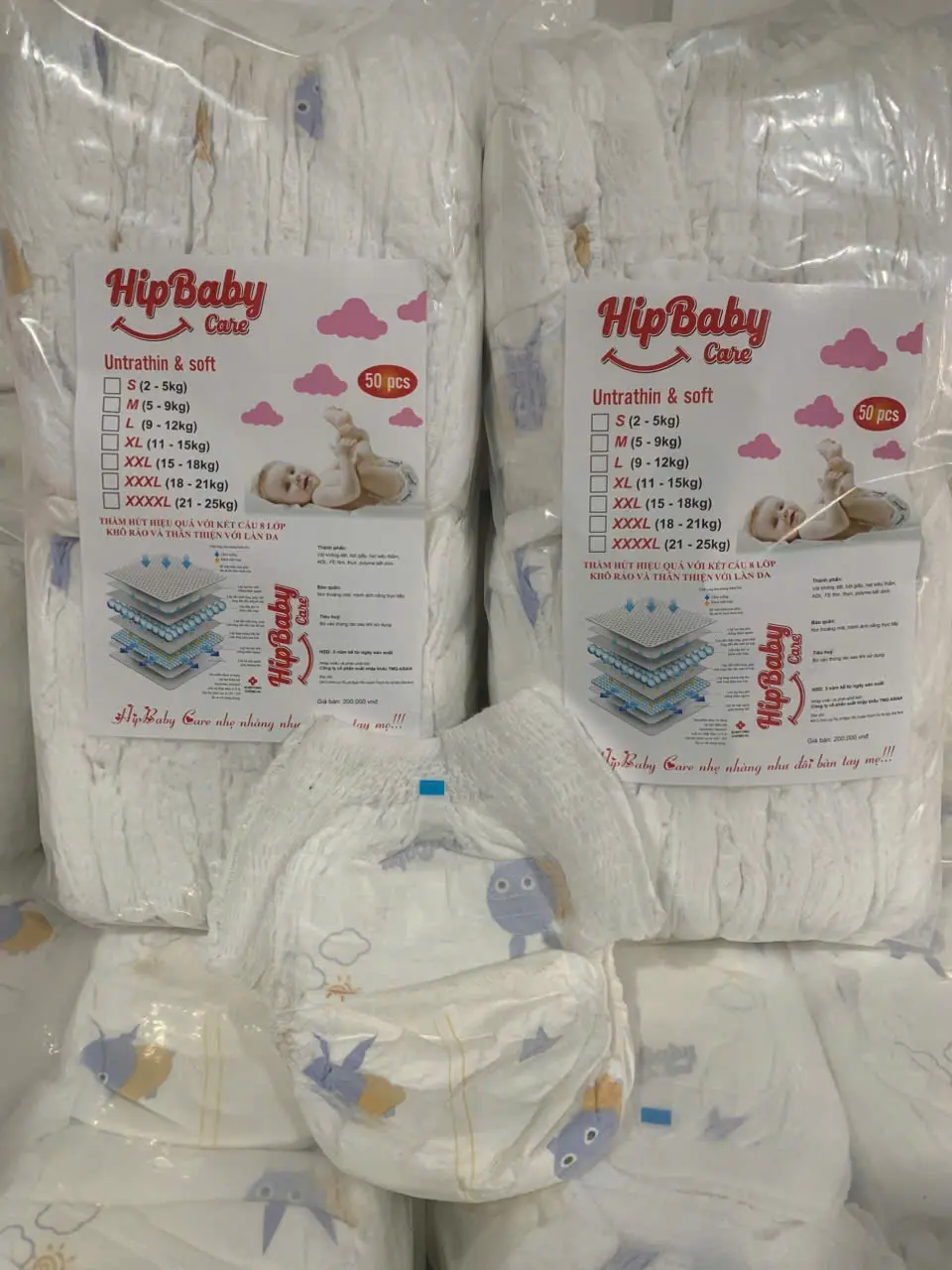 Combo 2 Bịch 100 miếng Bỉm HipBaby cho bé Loaị 1 from xuông Mềm Mỏng, Mặt 3D, Khô Thoáng, Đủ Size Từ M Đến 4XL - 1