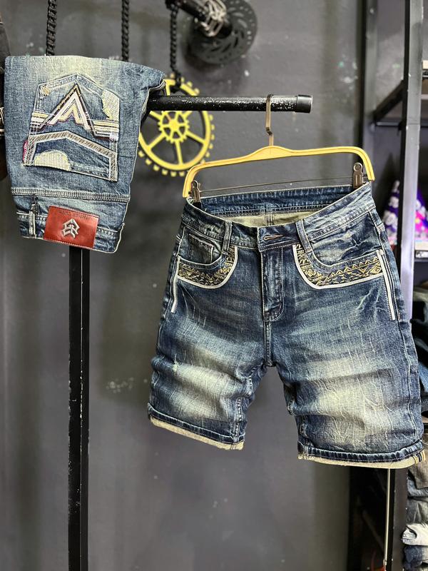 [Quần Short Jean Nam THREE CLTN-SC730] Quần Short Jean Nam Màu Xanh Nhạt Thêu Thổ Cẩm Túi Đắp Da Chi Tiết Như Hình QS2135