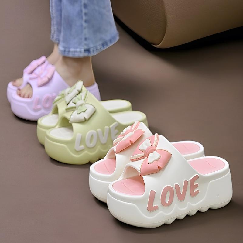 (4 Màu 7Cm Hàng Sẵn) Dép Bánh Mì Nữ LOVE Nơ Quai Ngang Đế Cao 7CM Hack Dáng Tăng Chiều Cao Chống Trượt Chất Liệu EVA Nhẹ Êm Chân Mẫu Mới
