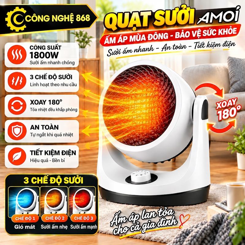 Quạt Sưởi Gốm AMOI Công Suất Lớn 1800W, Máy Sưởi Ấm Mùa Đông 3 Chế Độ Nhiệt, Xoay 180 Độ Không Gây Khô Da, Không Đốt Oxi, Máy Sưởi Ấm Cho Bé Và Gia Đình Sử Dụng Được 4 Mùa Tiết Kiệm Điện
