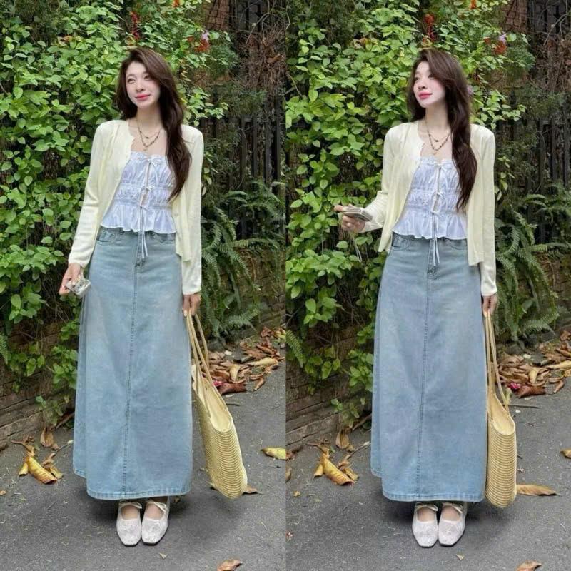  Chân váy Jeans dáng dài chữ A 3 màu basic xẻ sau tôn dáng mềm mại Top chân váy nữ 102 