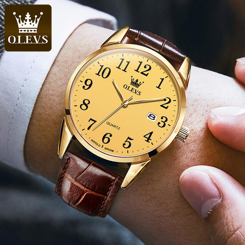 Đồng Hồ Nam, OLEVS, 100% Chống Thấm Nước 30m, Phong Cách Doanh Nhân, Dây Đeo Thắt Lưng Màu Nâu Da Thật, Mặt Số Thời Trang, Có Lịch Và Đèn Ngủ, Thương Hiệu Nổi Tiếng, Hỗ Trợ Bảo Hành, Nhiều Dây Da Có Sẵn, Mẫu 5566 2