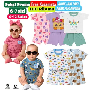 PAKET SETELAN (isi 6-7 pcs) BAJU BAYI 0-12 BULAN MIX MOTIF Cewe dan Cowo FREE KACAMATA Bunda Parsel