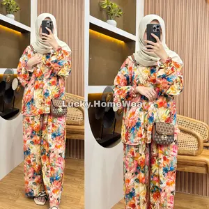 One Set Blouse Kancing Tangan Karet dan Kulot Rayon Premium Wanita Nyaman Cantik Kekinian Busui Friendly LD 130 CM