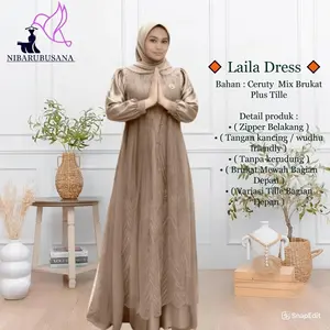 Laila Dress Baju Gamis Brokat Mewah Elegan Terbaru 2026 Bahan Ceruty Babydoll Mix Tile Grey Navy Mocca Gaun Pesta Kondangan Lebaran Panjang Resleting Belakang