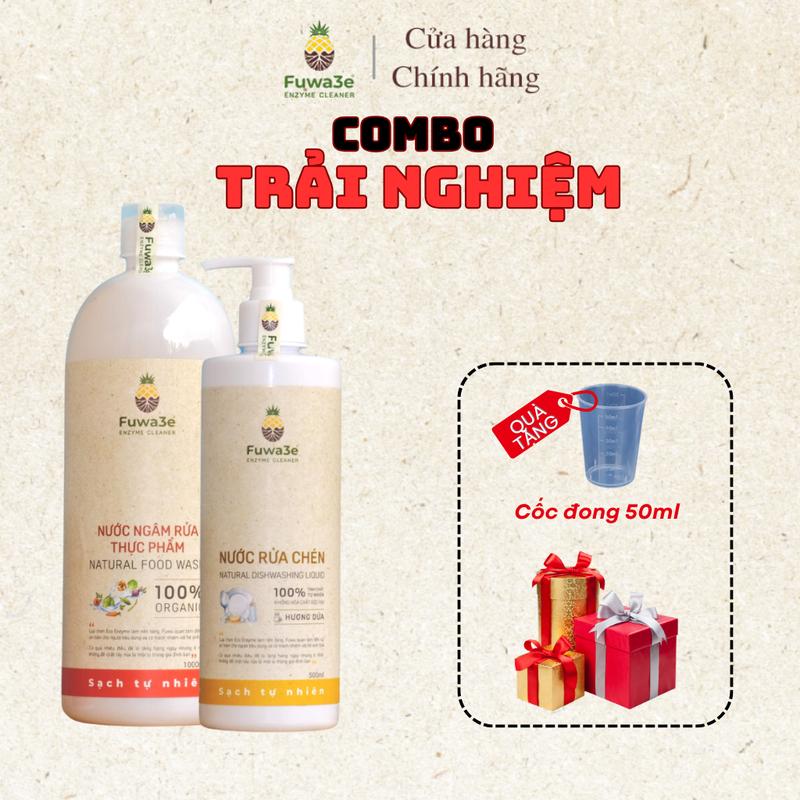 Tặng cốc đong 50ml Fuwa3e - Combo trải nghiệm Fuwa3e - Gồm ngâm rửa thực phẩm 1L nước rửa chén 500ml