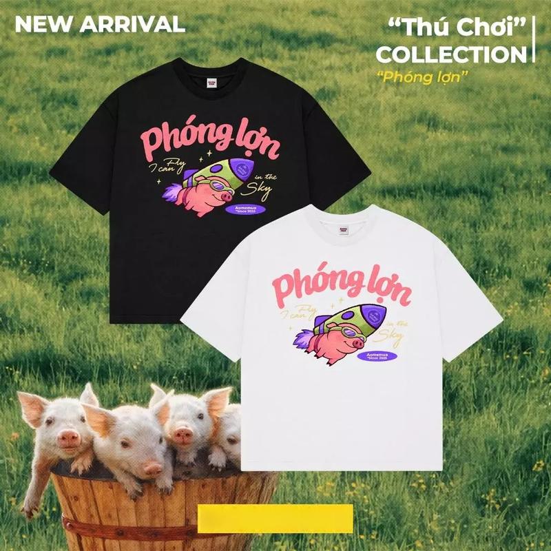 Áo Thun Phóng Lợn Hài Hước Form Rộng Cotton Tay Lỡ Unisex , Áo Phông Cổ Tròn Nam Nữ Basic Tee Oversize