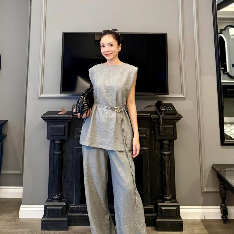  S206 Set bộ nữ quần suông áo phom suông kèm belt khoen chất vân mây size 1-2 