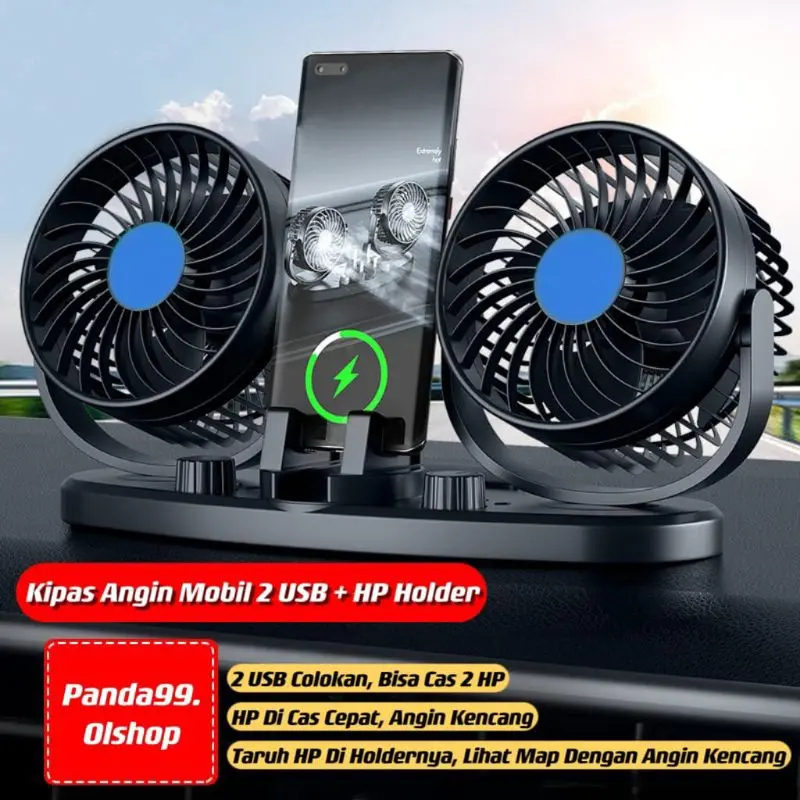 Kipas Angin Mobil 12V-24V Double Headed Fan 2 USB Colokan Dan HP Holder Pegangan HP⭐Panda99⭐