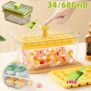 34/68Grids Cetakan Es Batu Tekan Otomatis Dengan Pegangan/Cetakan Es Batu Tray Wadah Transparan / Press Ice Maker Cetakan Es Batu Jelly Kotak Dengan Sekop Es Ice Tray Box Kitchenware