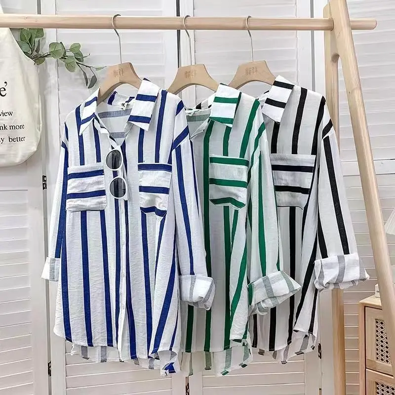 (Ready Stock) Korea Women Fashion retro loose long sleeve stripe blouse tops