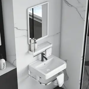 Wastafel Gantung Cuci Tangan 18/20 Inci – Set Wastafel Keramik + Cermin & Rak – Model Minimalis Elegan Aluminium Kaca