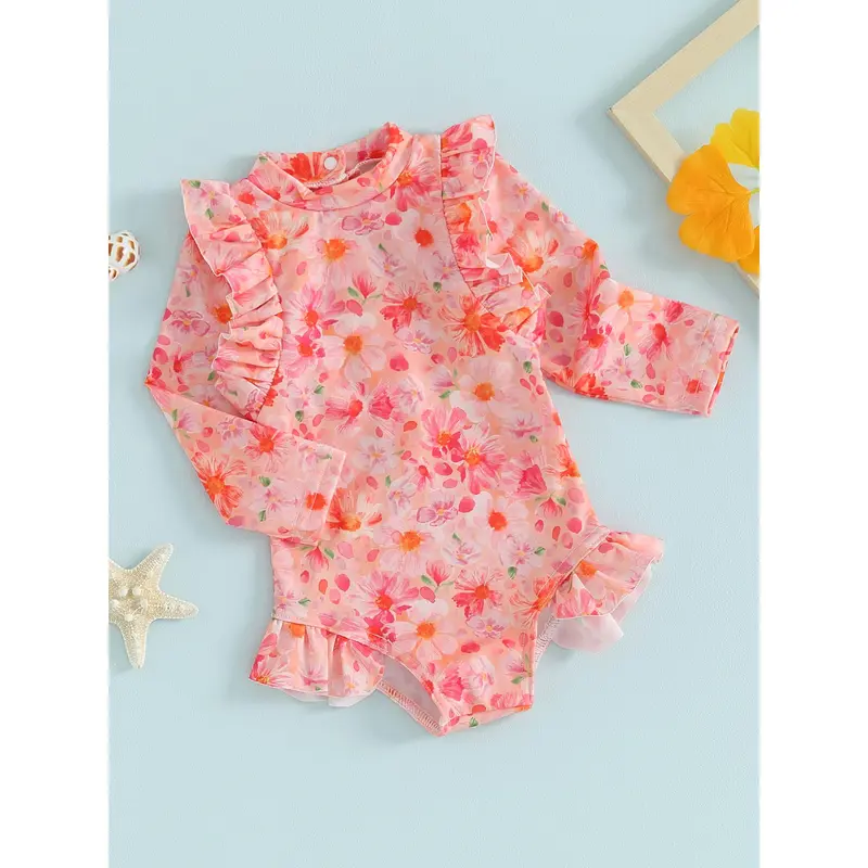 Đồ Bơi Trẻ Em Và Bé Gái Mới Biết Đi, 6, 12, 18, 24 Tháng, 2T, 3T, 4T, Áo Tắm Dài Tay, Cổ Thuyền Viên, In Hoa, Bộ Đồ Tắm Mùa Hè, Đồ Đi Biển 5