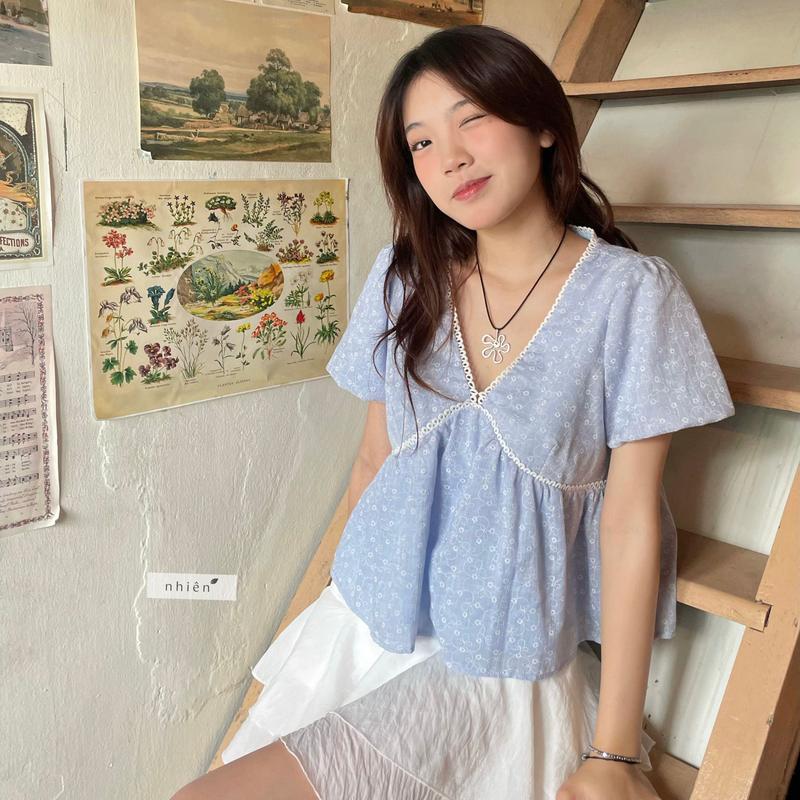 NHIEN - Oralie Top - Áo babydoll nữ cổ V phối ren thiết kế nhiennhienvintage BA410 Women Top Shirt Sơ Mi Kem