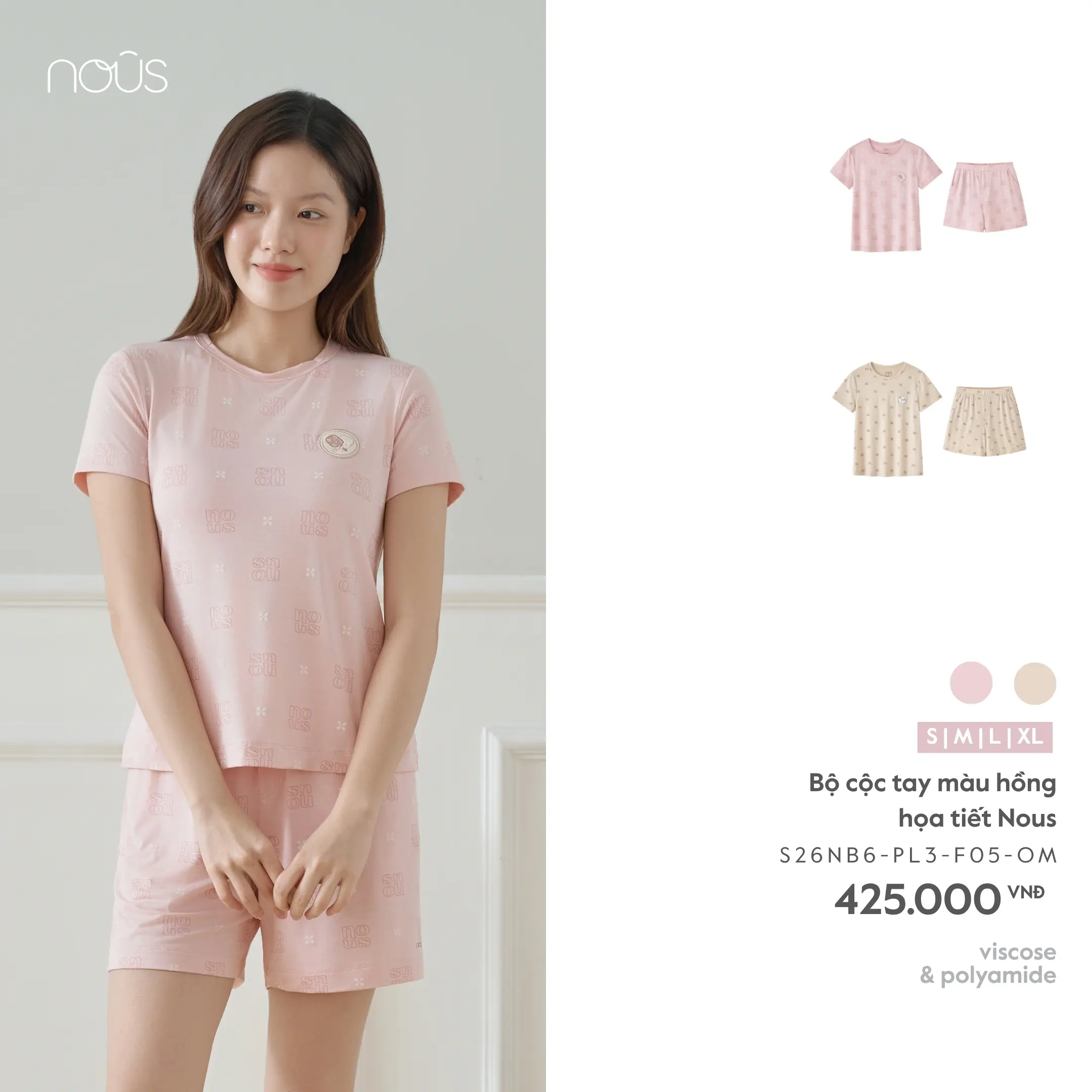 Bộ cộc tay màu hồng họa tiết Nous