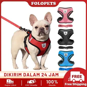 FOLOPETS TALI HARNESS KUCING & ANJING 【BREATHABLE + REFLEKTIF】- Paket Lengkap: Rompi Nylon + Tuntun Fleece (Ukuran Sedang, Warna Putih, Desain Tulang)
