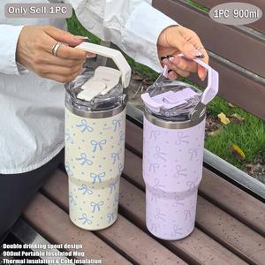 900mL ステンレス真空断熱タンブラー、蝶デザインの二重構造ボトル、保温・保冷対応、アウトドア・オフィス用、ギフトにもおすすめ