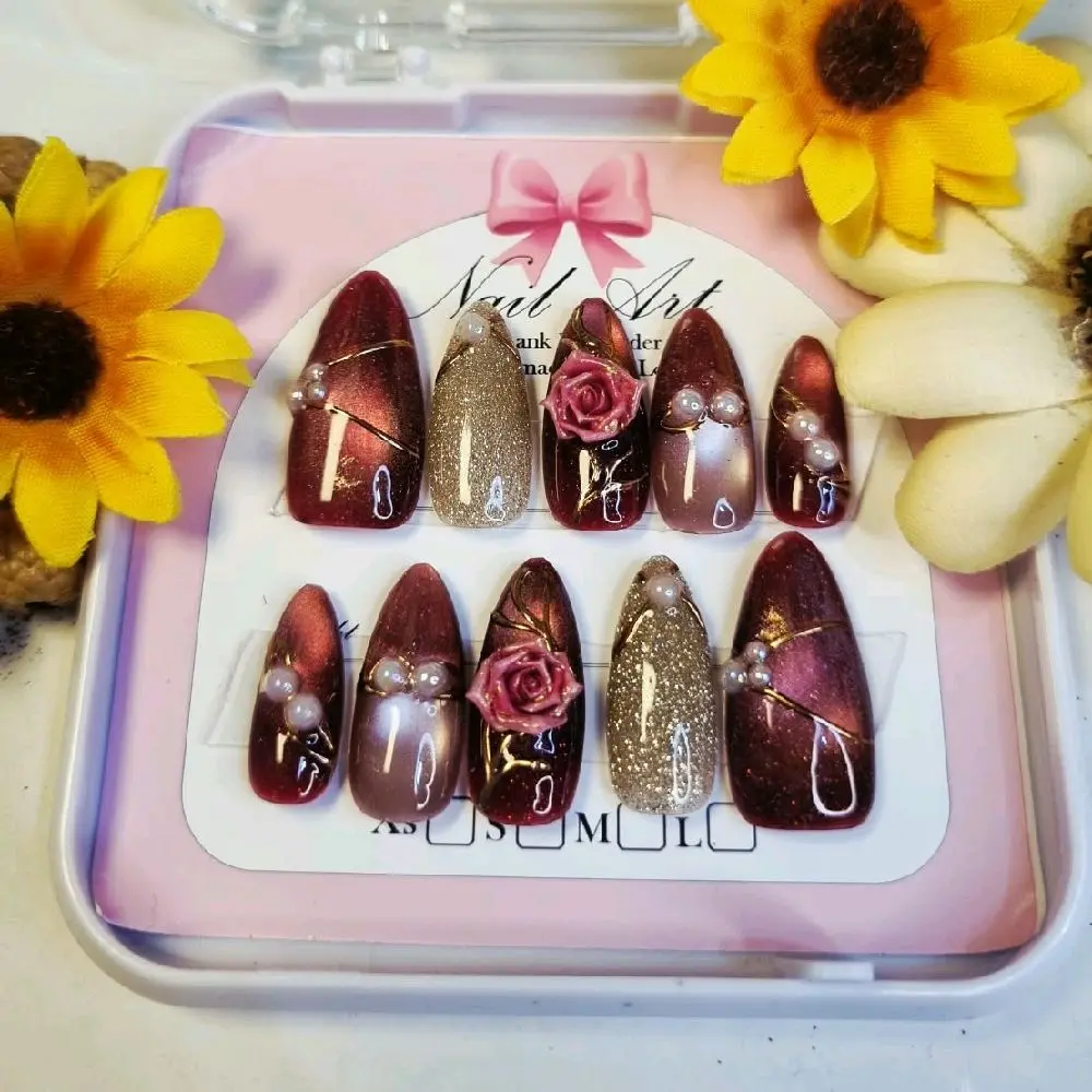 Kuku Palsu Cat Eye Rose Press On Nail Premium Handmade Nail Art Desain Glamour