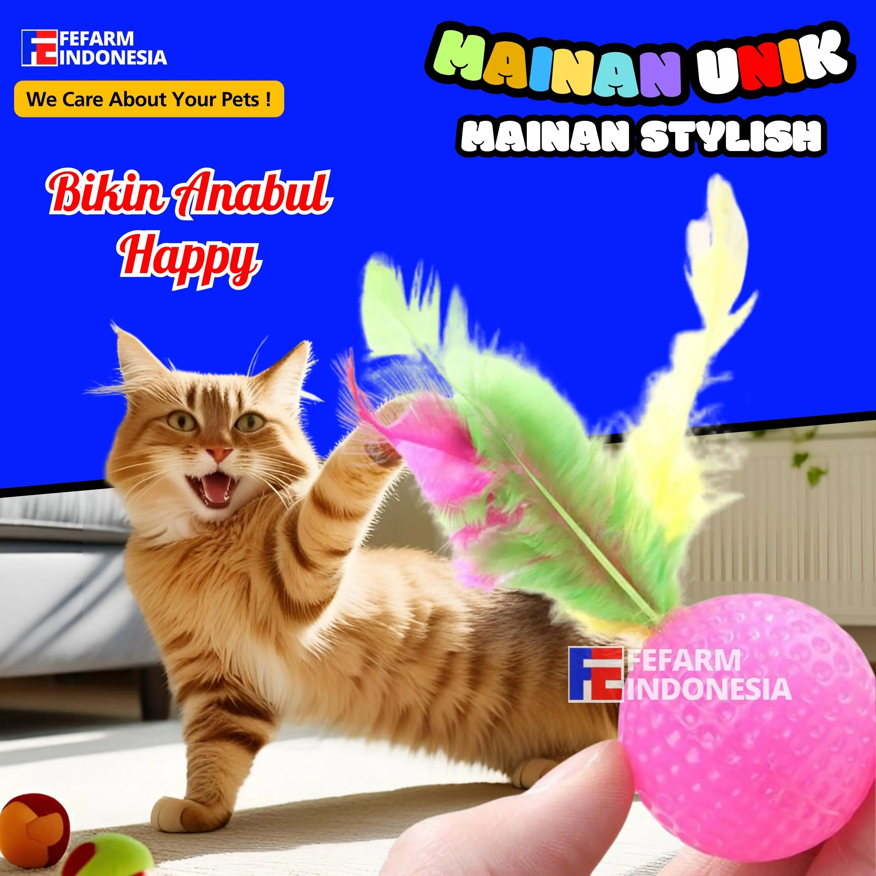 Bola Mainan Kucing Isi Pasir Dengan Bulu Ayam Warna Warni FEFARM