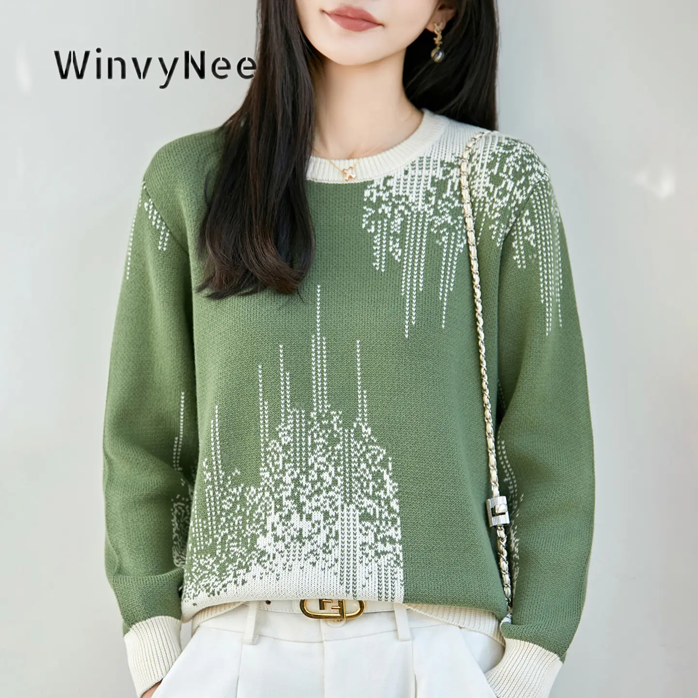 WinvyNee Women Pure Cotton Jacq rd Dot Crew Ne Knit Pullover Cas l Loose Sweater Fashion Outfits Spring Autumn ZA1092045