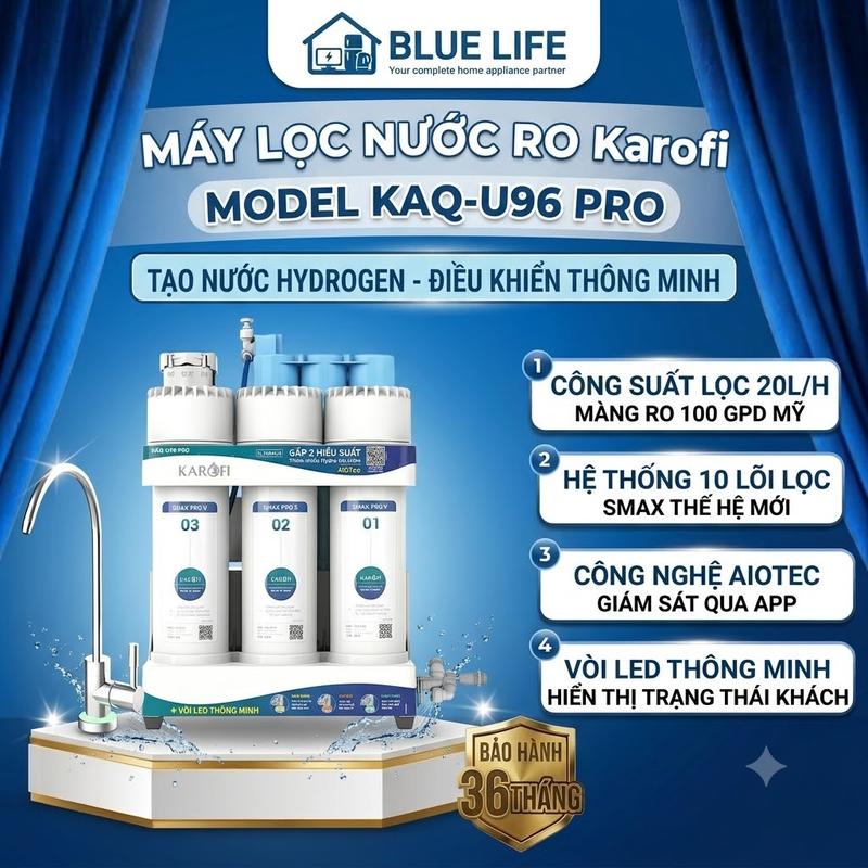 Máy Lọc Nước Để Gầm KAROFI KAQ-U96 PRO, 10 Lõi Cao Cấp, Vòi Led Điện Tử, Kết Nối Wifi, Hàng chính hãnġ