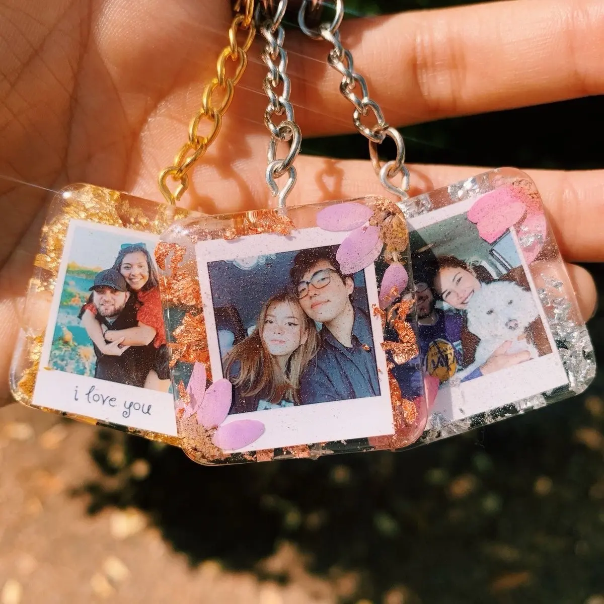 Customise cute keychain resin photo and pressed flower keyring memorable gold flakes square gift