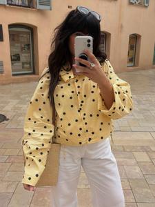 Chaqueta de lunares para mujer, manga larga, cuello alto y cierre con cremallera con cordón ajustable; estilo vintage elegante, uso casual dulce para el día a día.
